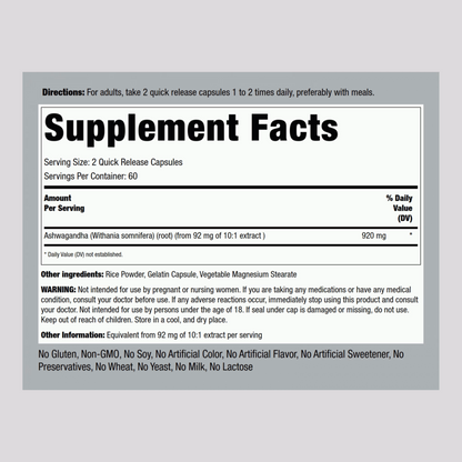Ashwagandha Root (Withania somnifera), 920 mg (per serving), 120 Quick Release Capsules