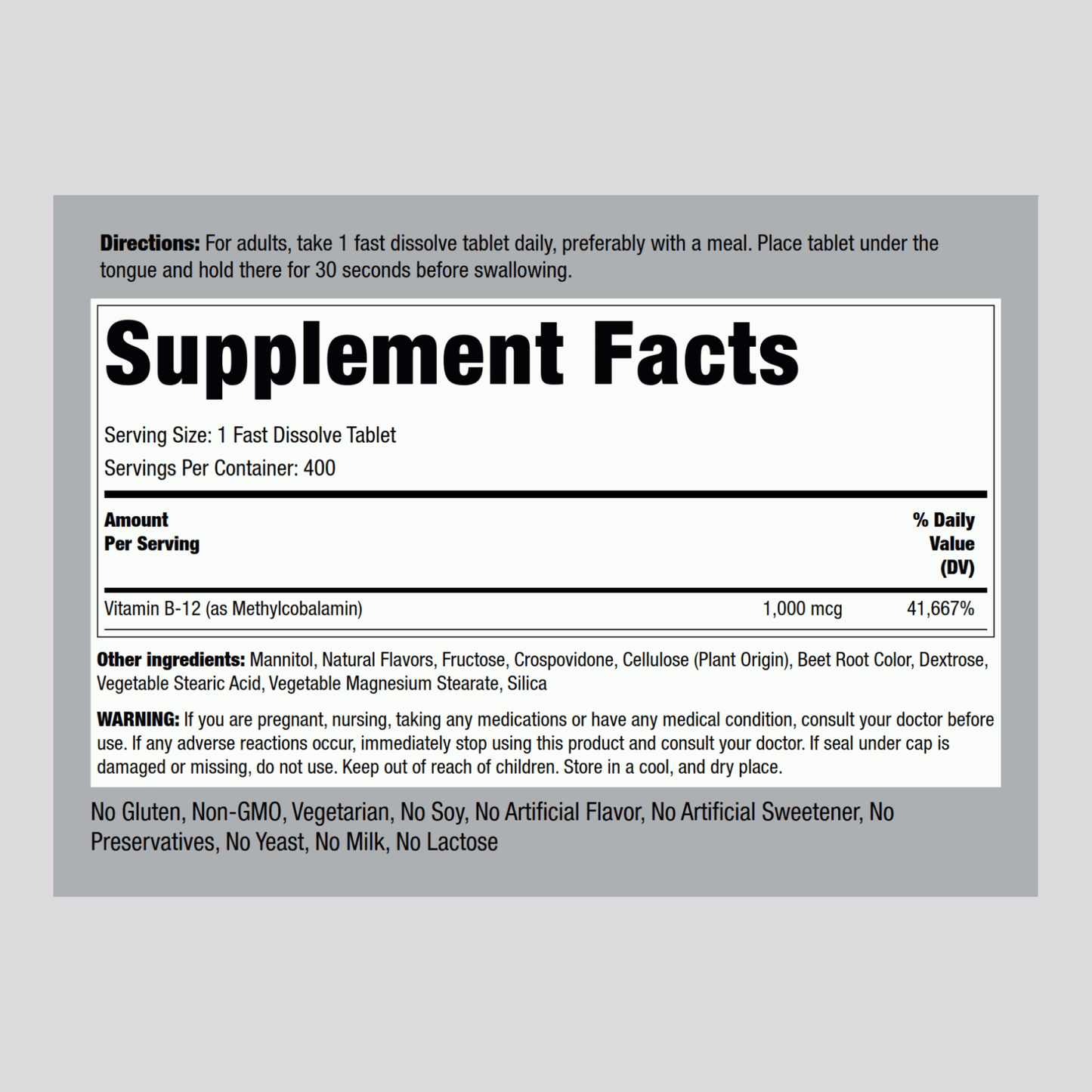 Methylcobalamin B-12 (Sublingual), 1000 mcg, 400 Fast Dissolve Tablets Supplement Facts 