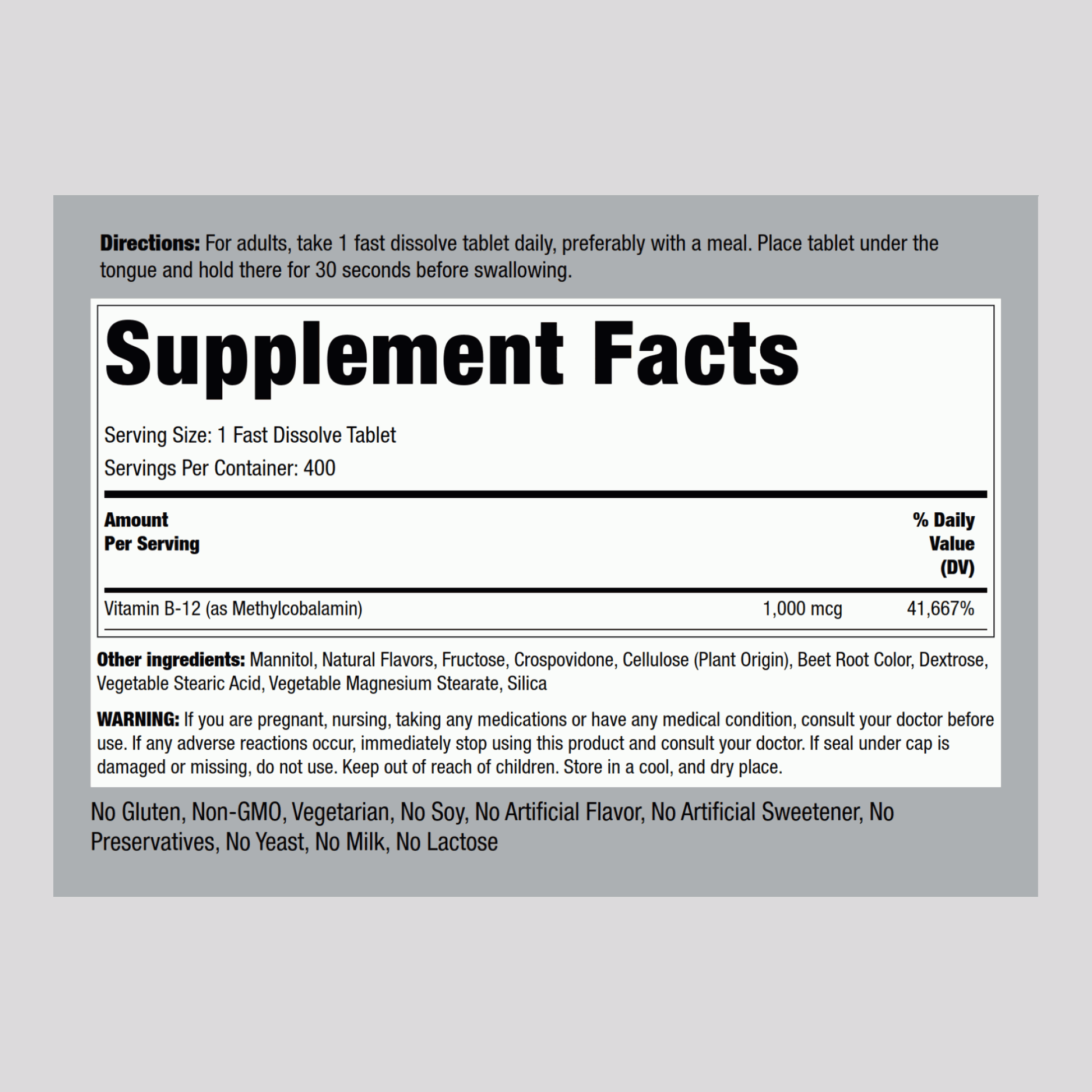 Methylcobalamin B-12 (Sublingual), 1000 mcg, 400 Fast Dissolve Tablets Supplement Facts 