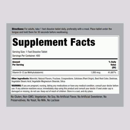 Methylcobalamin B-12 (Sublingual), 1000 mcg, 400 Fast Dissolve Tablets Supplement Facts 