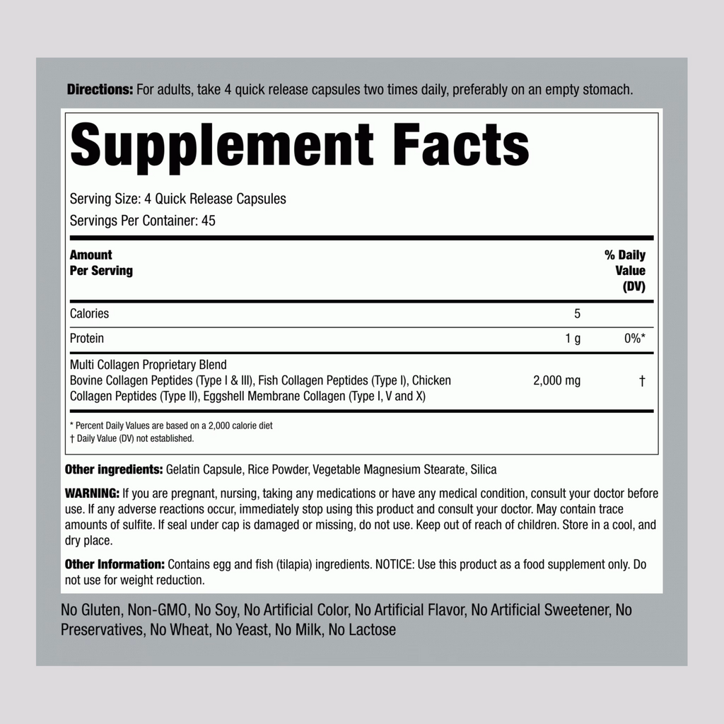 Rucest™Multi Collagen Protein (Types I, II, III, V, X), 2000 mg (per serving), 180 Quick Release Capsules