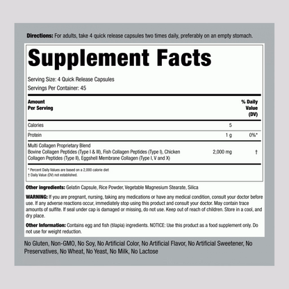 Multi Collagen Protein (Types I, II, III, V, X), 2000 mg (per serving), 180 Quick Release Capsules