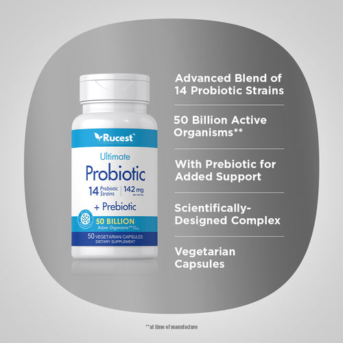 Rucest™Probiotic 14 Strains 50 Billion Organisms (per serving) plus Prebiotic, 50 Vegetarian Capsules