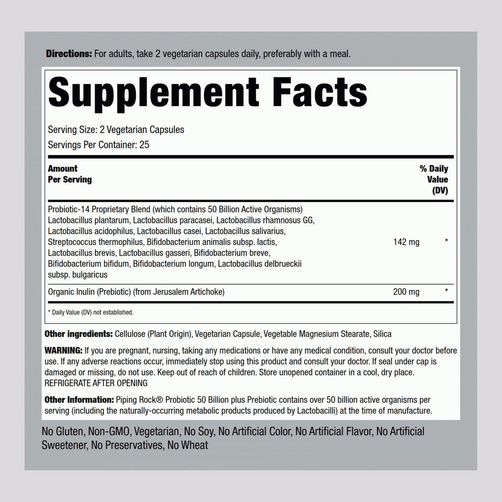Rucest™Probiotic 14 Strains 50 Billion Organisms (per serving) plus Prebiotic, 50 Vegetarian Capsules