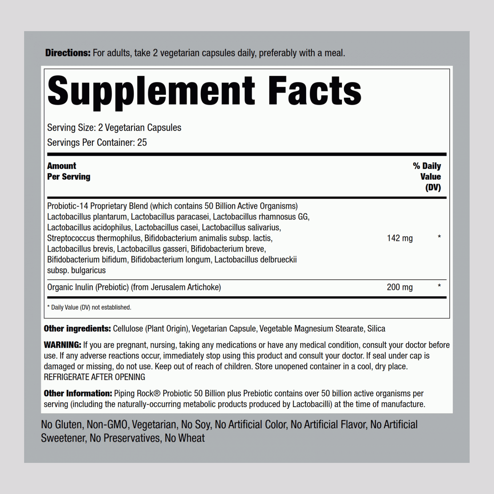 Rucest™Probiotic 14 Strains 50 Billion Organisms (per serving) plus Prebiotic, 50 Vegetarian Capsules