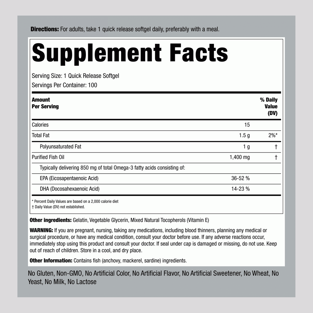 Rucest™Triple Strength Omega-3 Fish Oil 1400 mg (850 mg Active Omega-3), 100 Quick Release Softgels