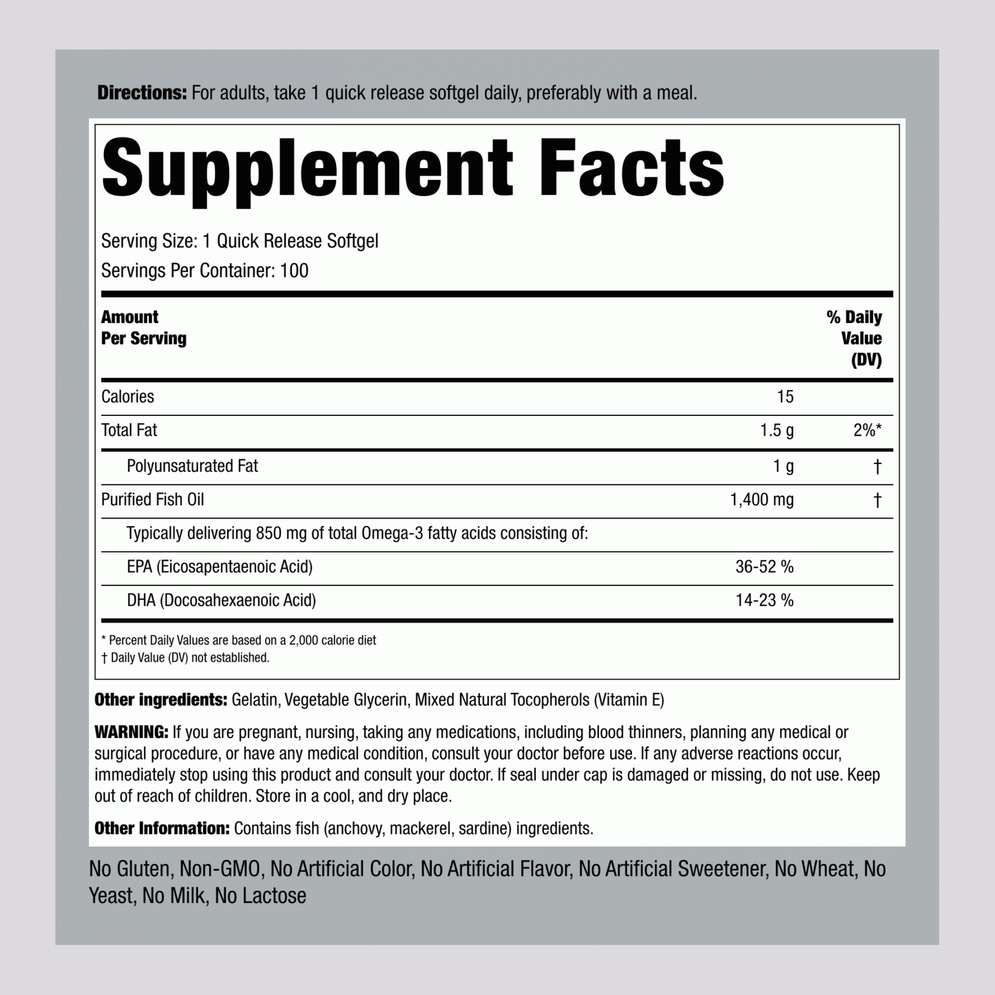Triple Strength Omega-3 Fish Oil 1400 mg (850 mg Active Omega-3), 100 Quick Release Softgels