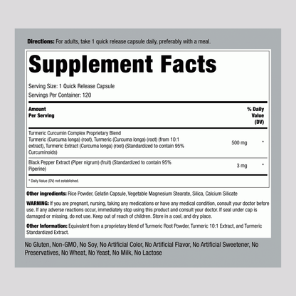 Standardized Turmeric Curcumin Complex, 500 mg, 120 Quick Release Capsules
